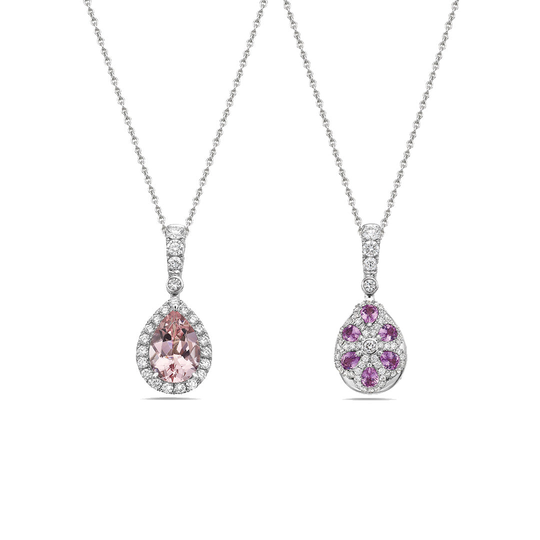 Reversible Pendant with Morganite and Diamond Halo, Pink Sapphires and Round Diamonds