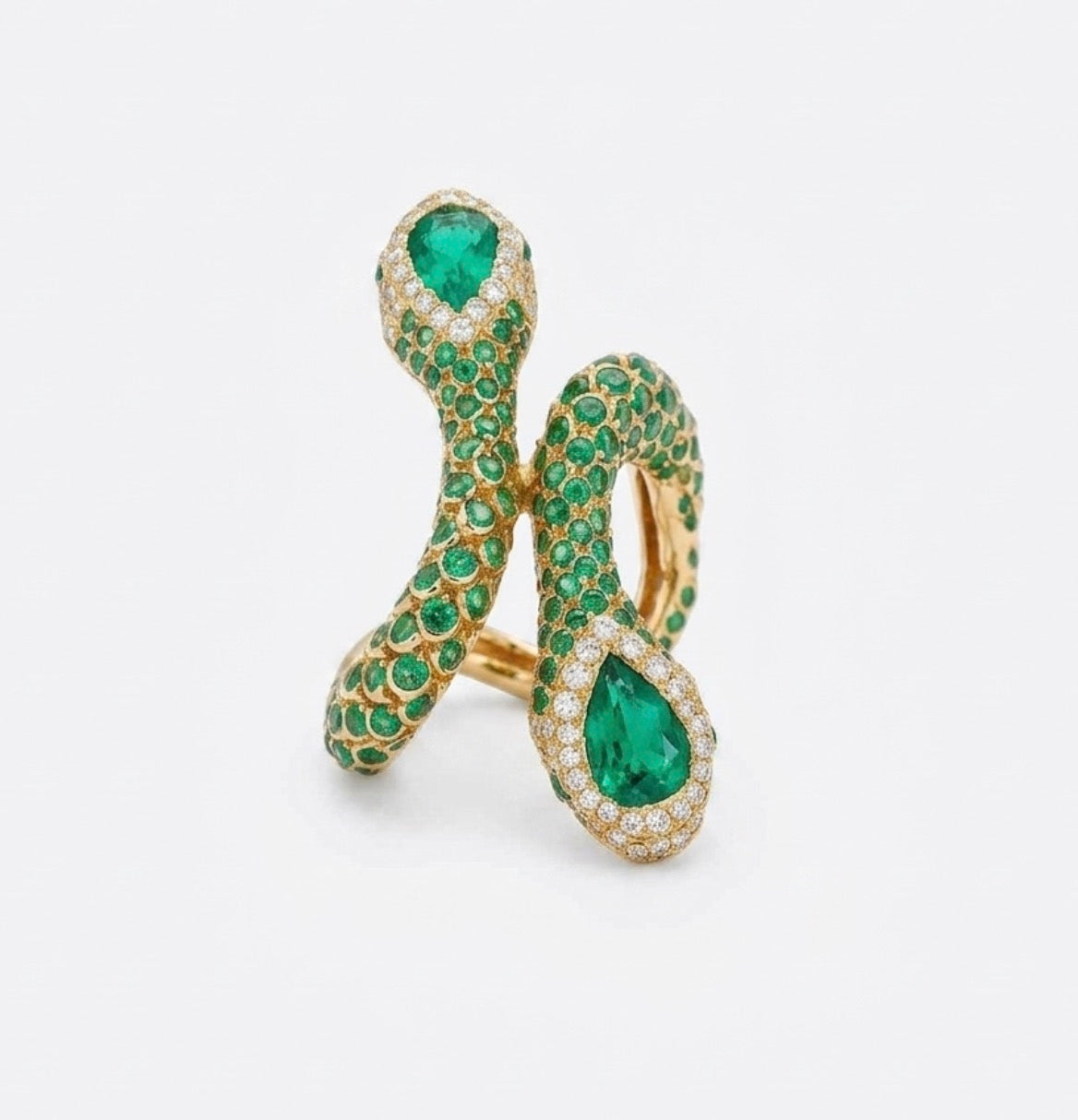 Double Snake Bypass Ring with Emeralds