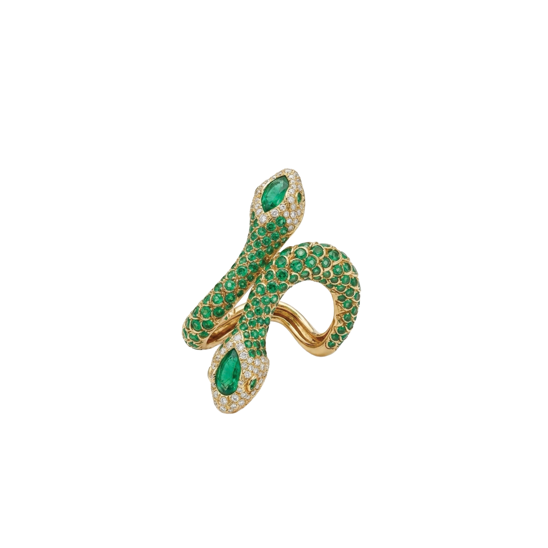 Double Snake Bypass Ring with Emeralds