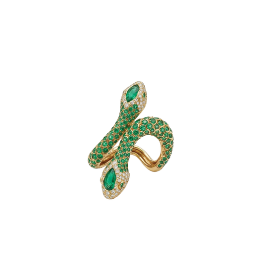 Double Snake Bypass Ring with Emeralds
