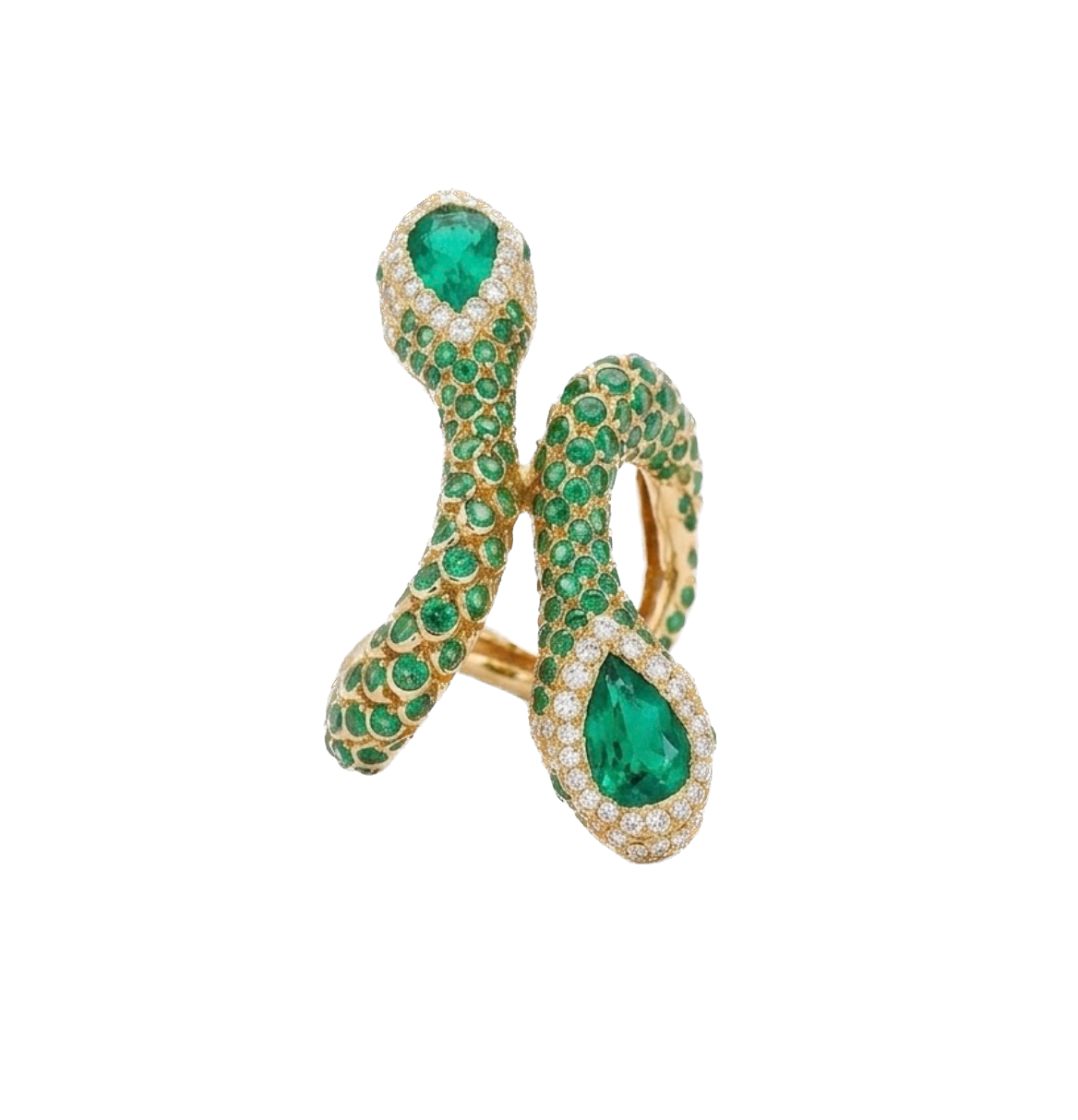Double Snake Bypass Ring with Emeralds