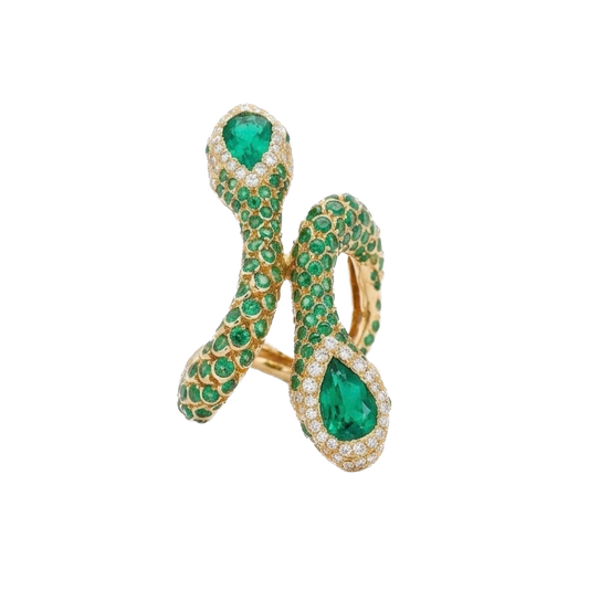 Double Snake Bypass Ring with Emeralds