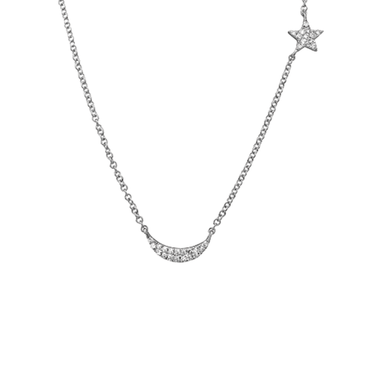 Moon and Star Offset Necklace with Pave Diamonds in 14K White Gold