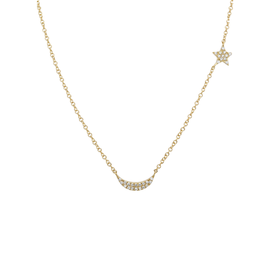 Moon and Star Offset Necklace with Pave Diamonds in 14K Yellow Gold