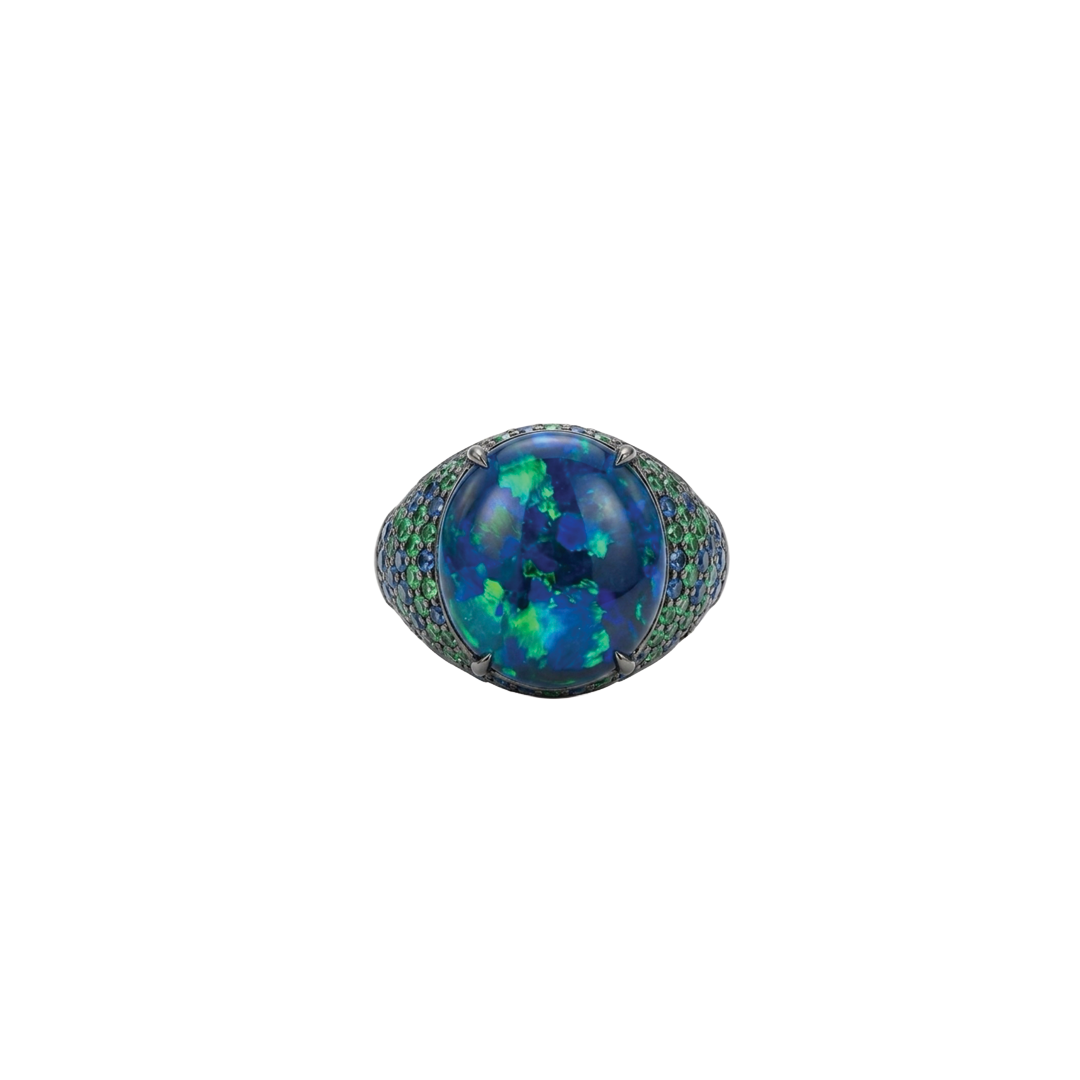 Opal Ring with Sapphires and Emeralds