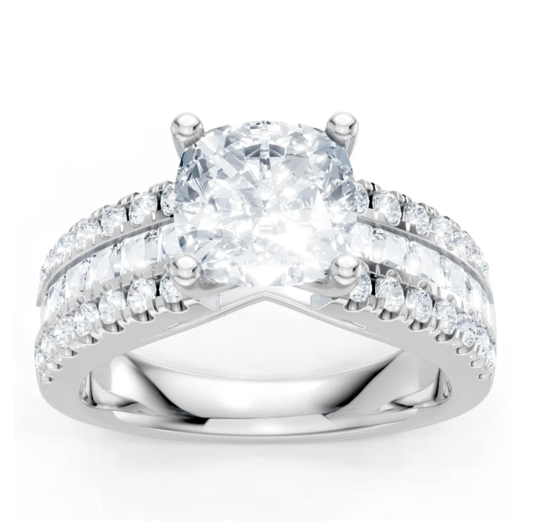 Round Diamond Engagement Ring Setting with 3-Row Mixed Cut Diamond Shank