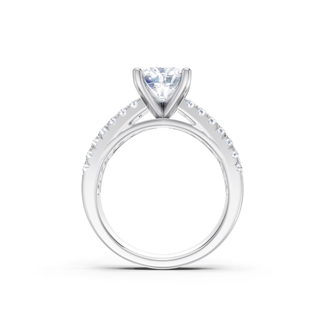Round Diamond Engagement Ring Setting with 3-Row Mixed Cut Diamond Shank