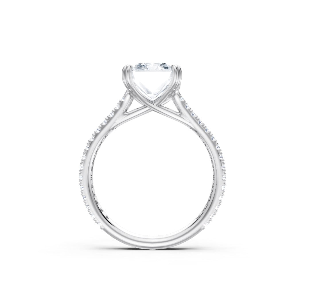 Emerald Cut Diamond Engagement Ring Setting with 2-Row Diamond Shank