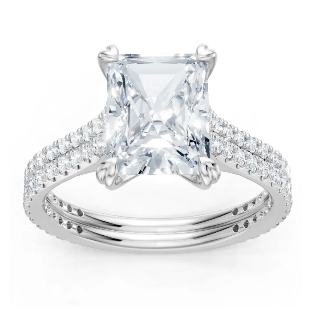 Emerald Cut Diamond Engagement Ring Setting with 2-Row Diamond Shank