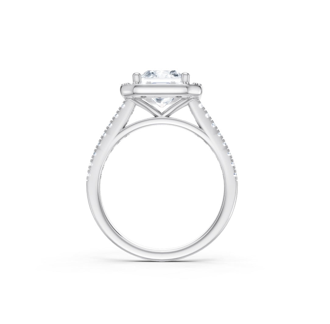 Emerald Cut Diamond Engagement Ring Setting with Mixed Diamond Halo