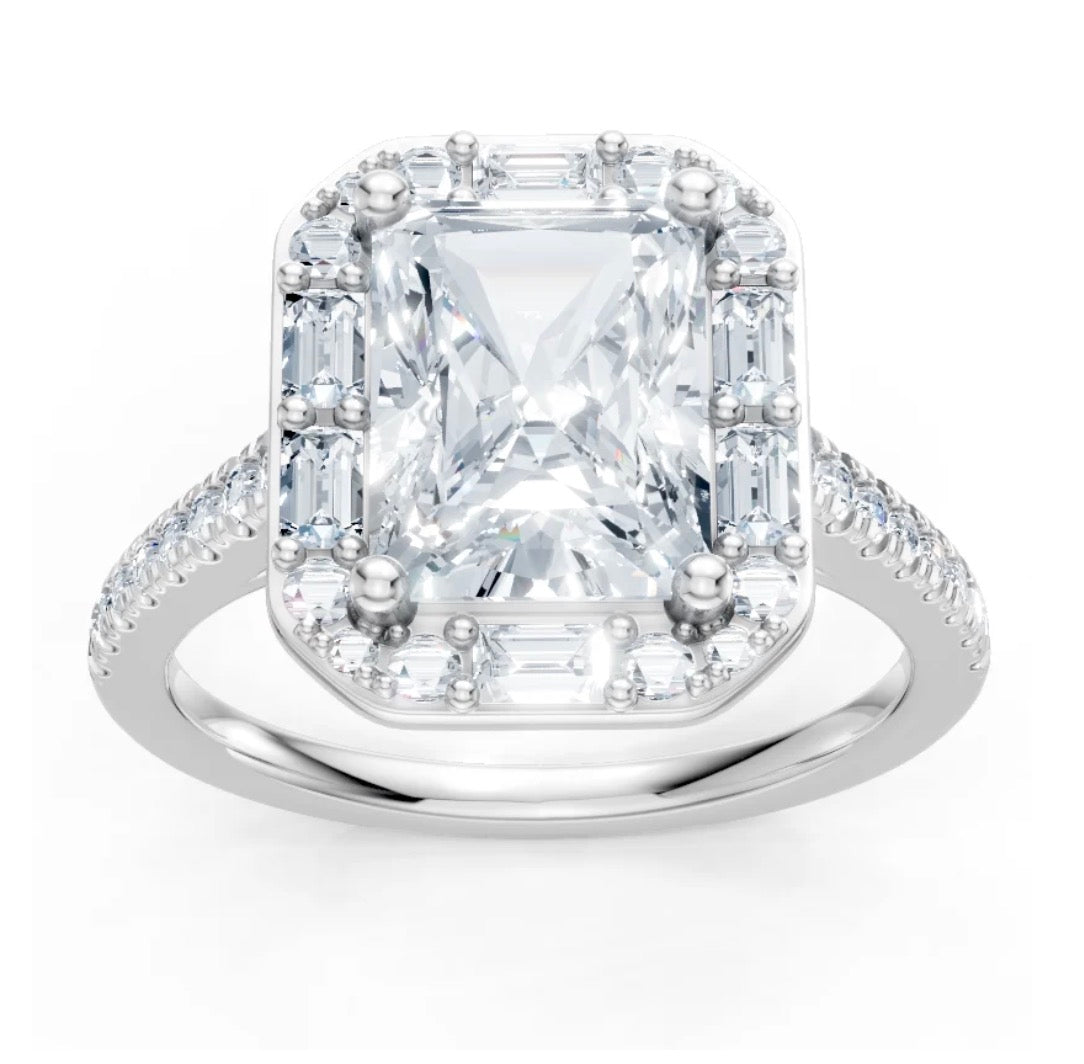 Emerald Cut Diamond Engagement Ring Setting with Mixed Diamond Halo