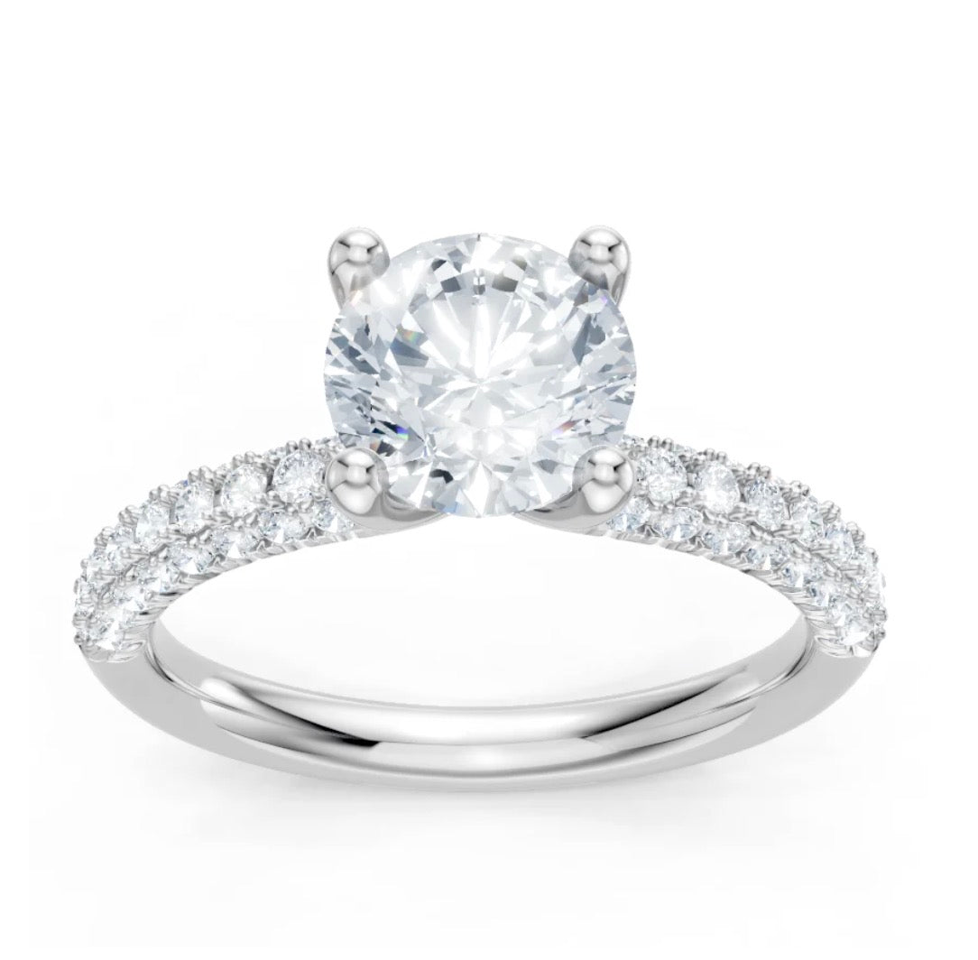 Round Diamond Engagement Ring Setting with 3-Row Diamond Shank