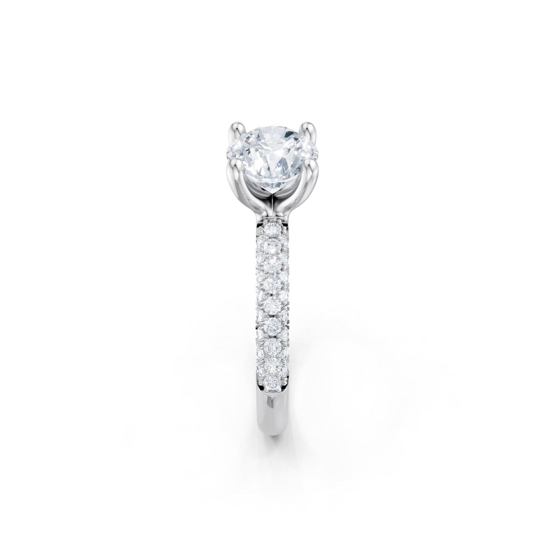 Round Diamond Engagement Ring Setting with 3-Row Diamond Shank