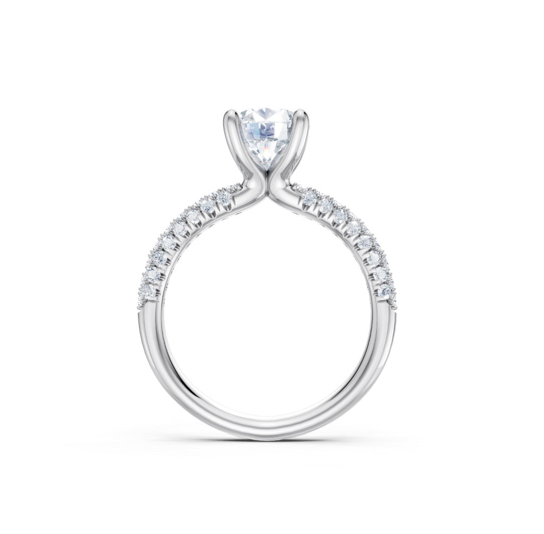 Round Diamond Engagement Ring Setting with 3-Row Diamond Shank