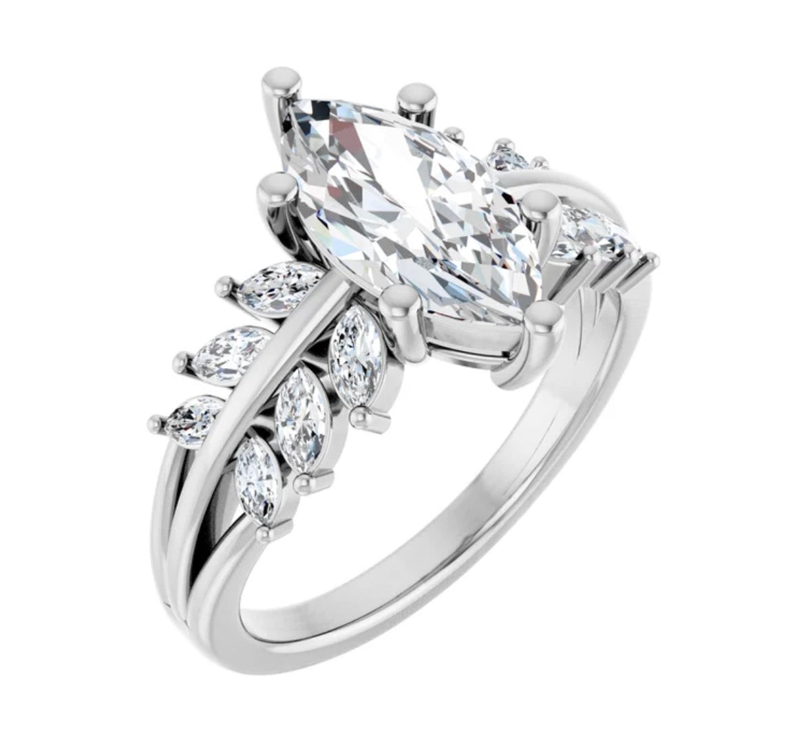 Ma Marquise Diamond Ring Setting with Diamond Feather Sides