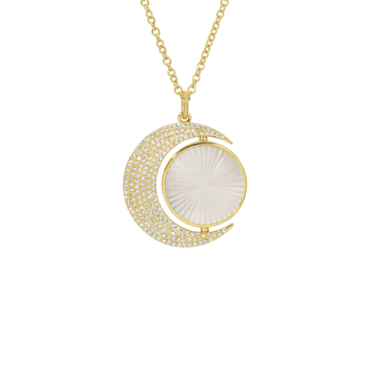 Fluted Mother-of-Pearl and Moon Pendant Necklace with Pave Diamonds in 14K Yellow Gold