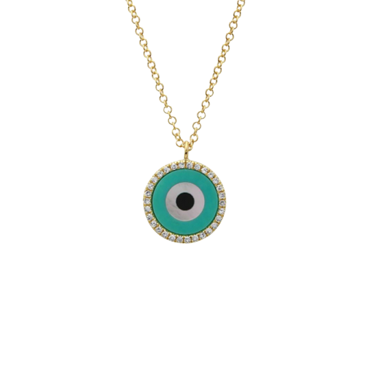 Turquoise Evil Eye Pendant Necklace with Diamonds in 14K Yellow Gold