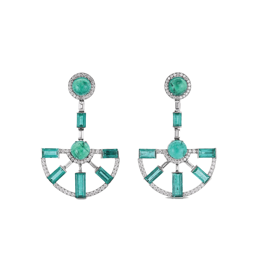 Wheel Drop Earrings with Columbian Cabochon Emerald and Diamonds