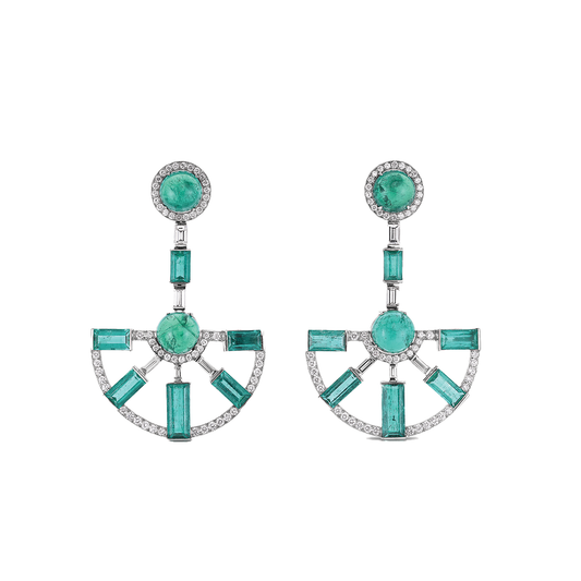 Wheel Drop Earrings with Columbian Cabochon Emerald and Diamonds