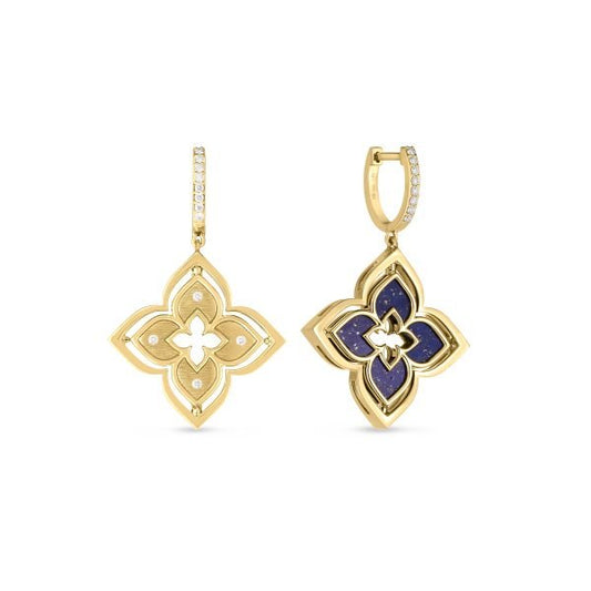 Reversible Pirouette Diamond and Lapis Lazuli Flower Earrings in 18K Yellow Gold