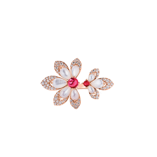 'Tiare' Flower Ring with Diamonds, Rubellite & Mother of Pearl