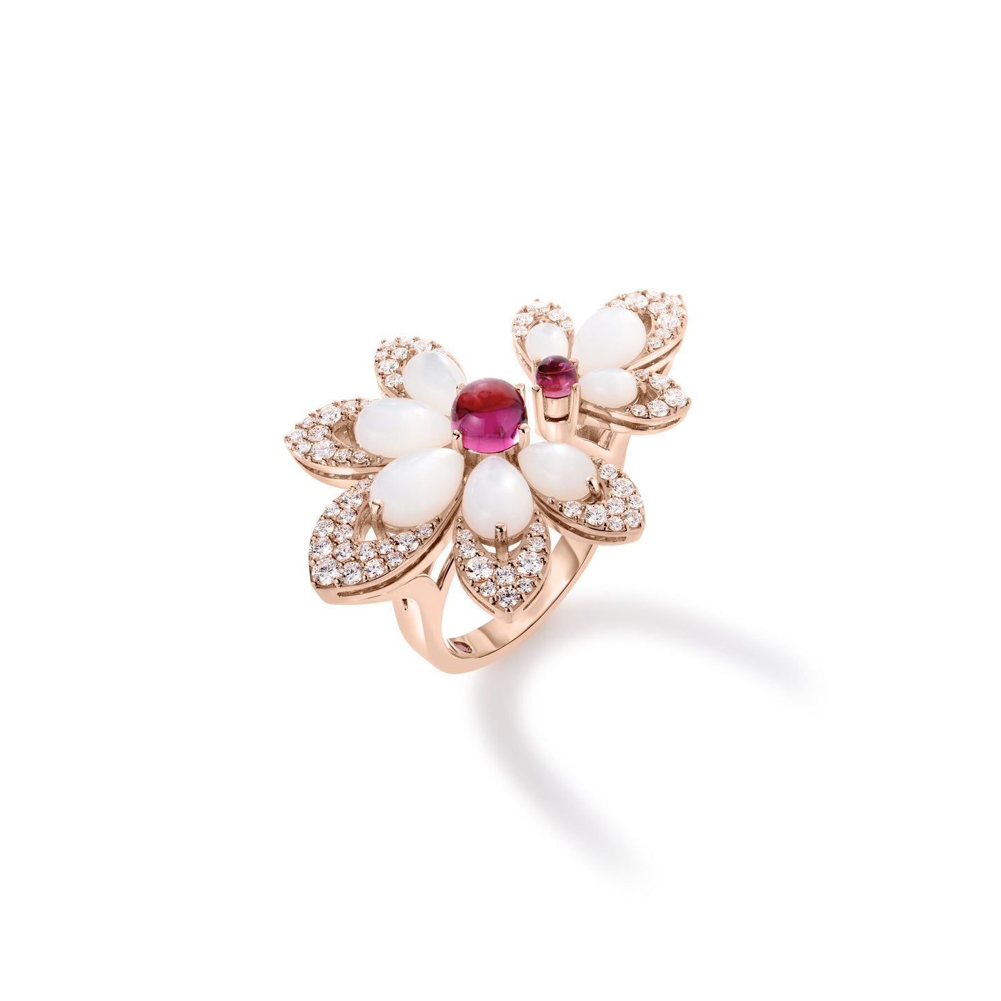 'Tiare' Flower Ring with Diamonds, Rubellite & Mother of Pearl