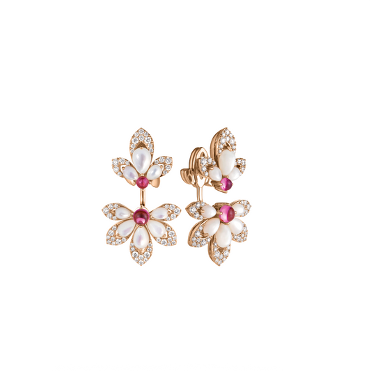 Tiare' Flower Diamond, Rubellite and Pearl Earrings