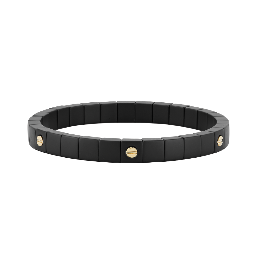 Men's Scacco Black Stretch Bracelet with Gold Screws