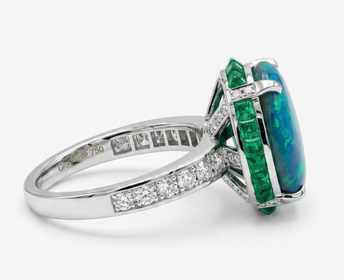 Opal Ring with Emeralds and Diamonds