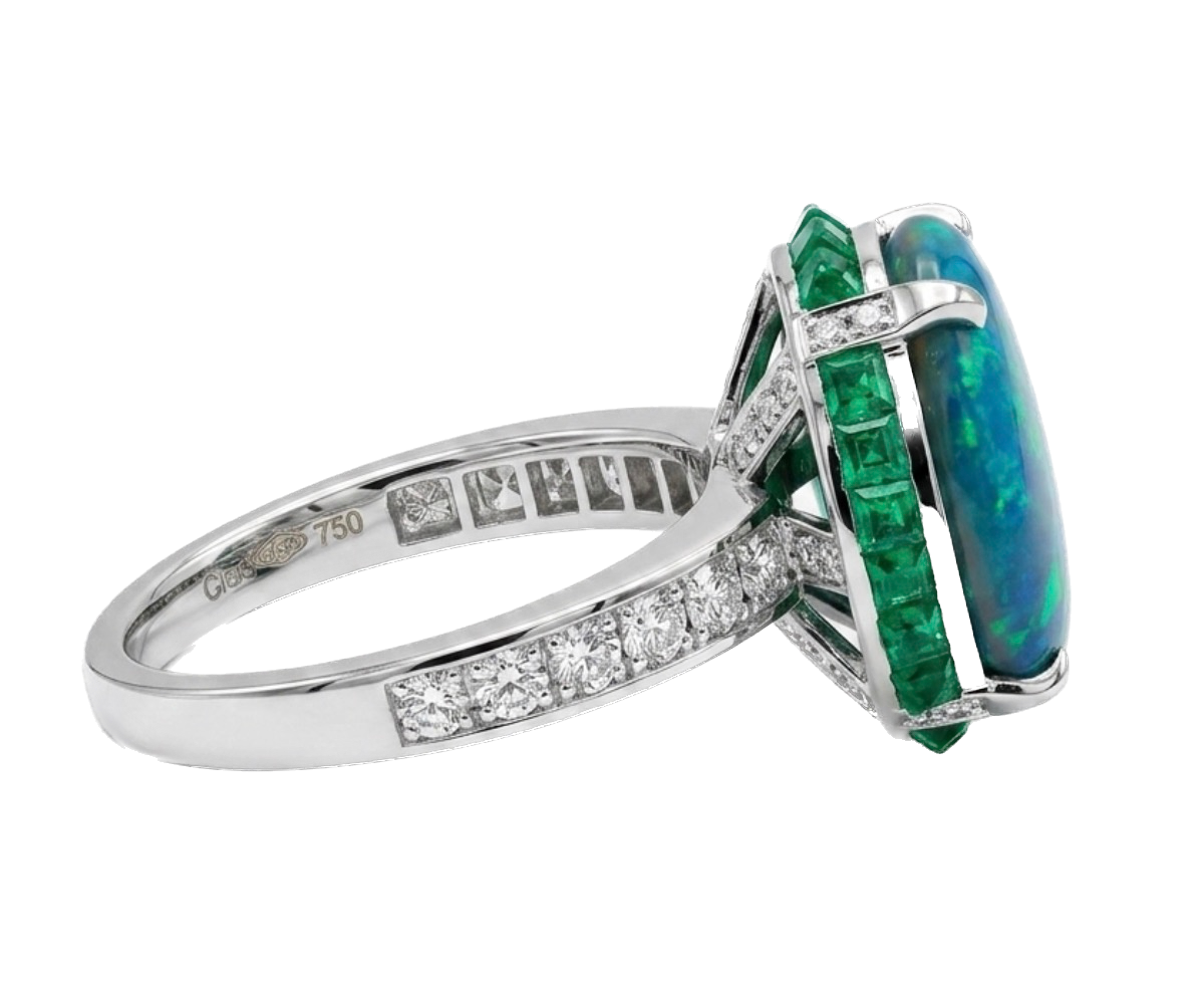 Opal Ring with Emeralds and Diamonds