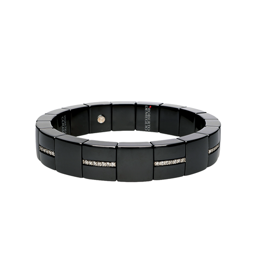 Domino Luce Glossy Black Ceramic Stretch Bracelet with Diamond Accents