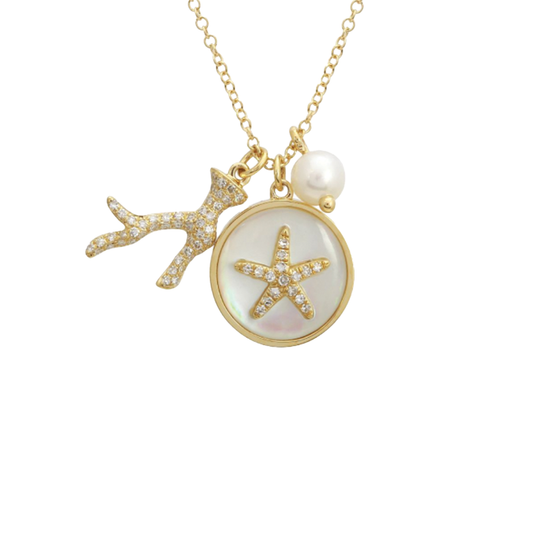 Freshwater Cultured Pearl Charm Necklace with Pave Diamond Coral Branch and Starfish Charm in 14K Yellow Gold