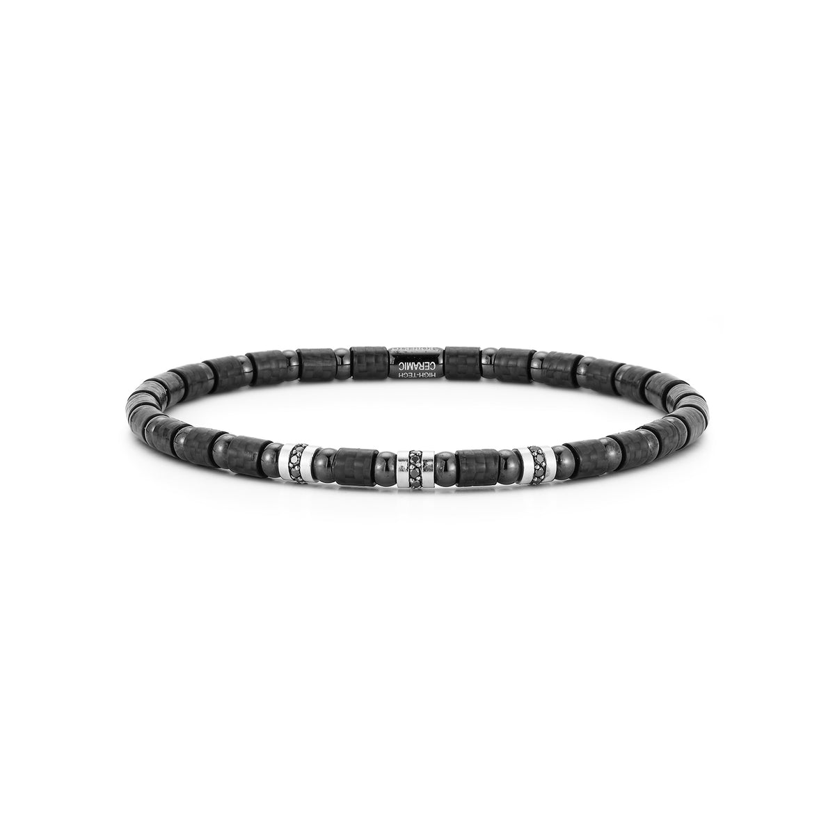 Men's Carbonio Stretch Bracelet with White Gold and Diamond Beads