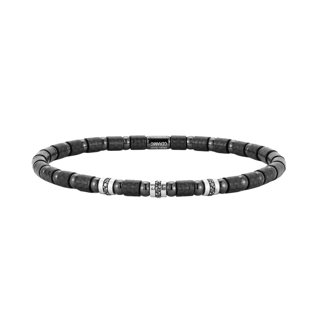 Men's Carbonio Stretch Bracelet with White Gold and Diamond Beads