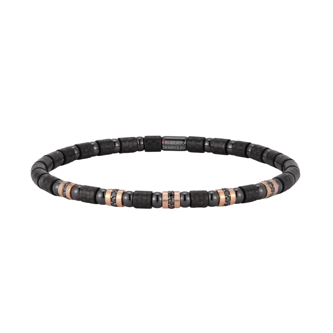 Men's Carbonio Black Ceramic Beaded Stretch Bracelet with Rose Gold and Black Diamonds
