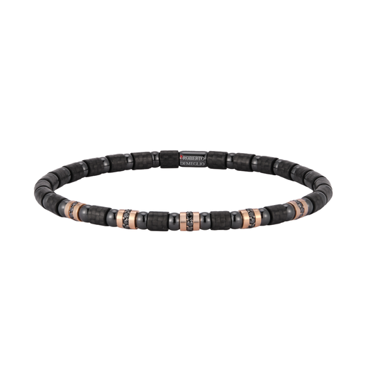 Men's Carbonio Black Ceramic Beaded Stretch Bracelet with Rose Gold and Black Diamonds