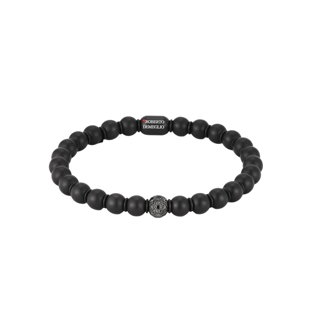 Men's Sfera Black Ceramic Bead Stretch Bracelet with Diamond Bead