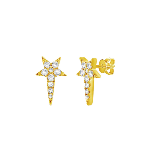 Pave Diamond Star Stud Earrings with Long Point in 14K Yellow Gold