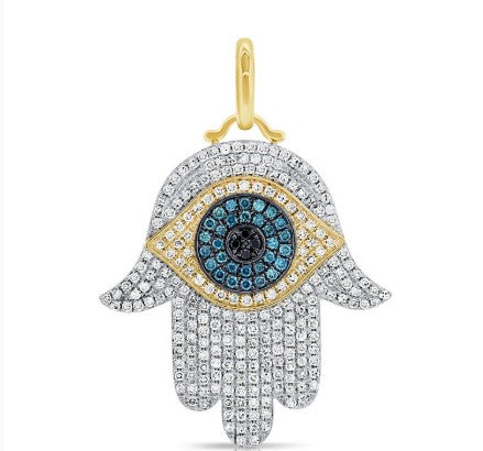 Diamond Hamsa Evil Eye Charm with Blue and Black Sapphires