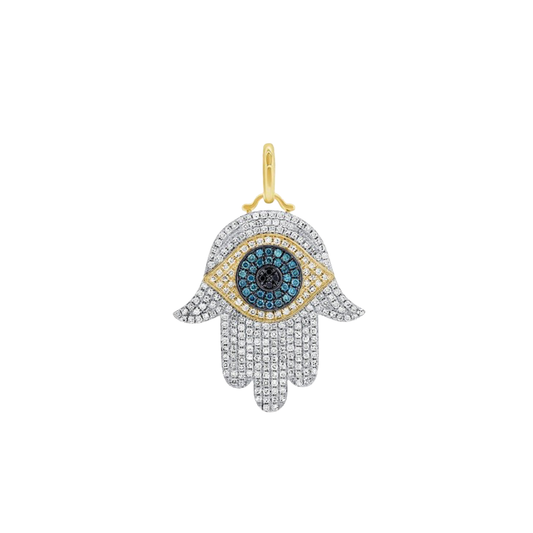 Diamond Hamsa Evil Eye Charm with Blue and Black Sapphires