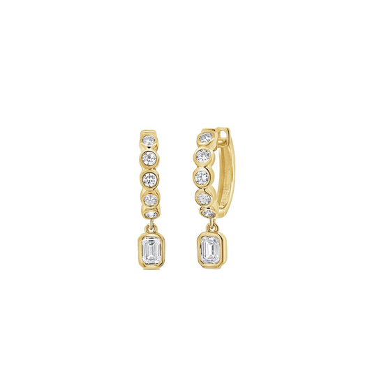 Dangling Bezel Set Emerald Cut Diamond Hoop Earrings with Round Diamonds in 14K Yellow Gold
