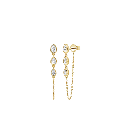 Bezel Set Pear Shaped Diamond Chain Earrings in 14K Yellow Gold