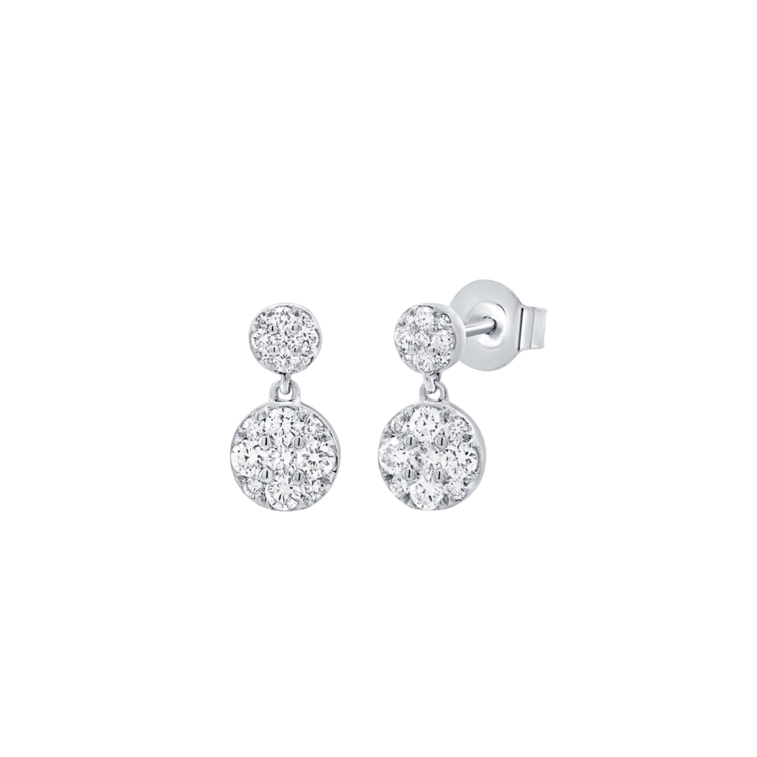 Double Diamond Disc Drop Earrings in White Gold