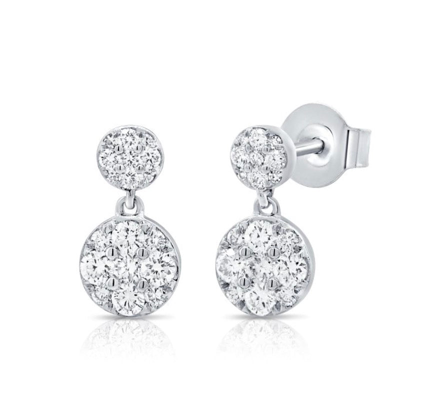 Double Diamond Disc Drop Earrings in White Gold