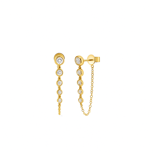 5 Diamond Tiered Drop Stud Earrings with Chain in 14K Yellow Gold