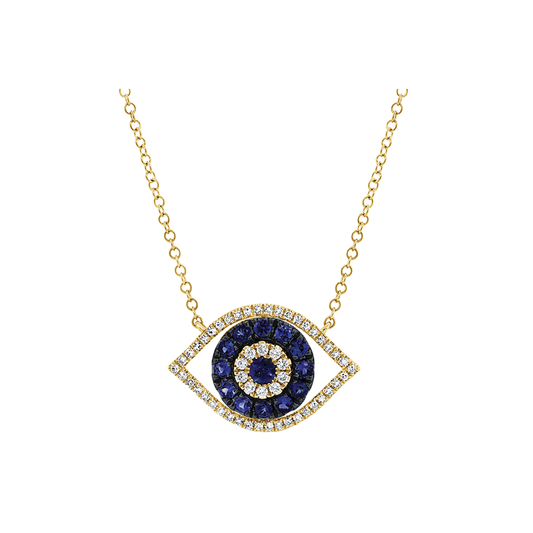 Evil Eye Pendant Necklace with Diamonds and Blue Sapphires
