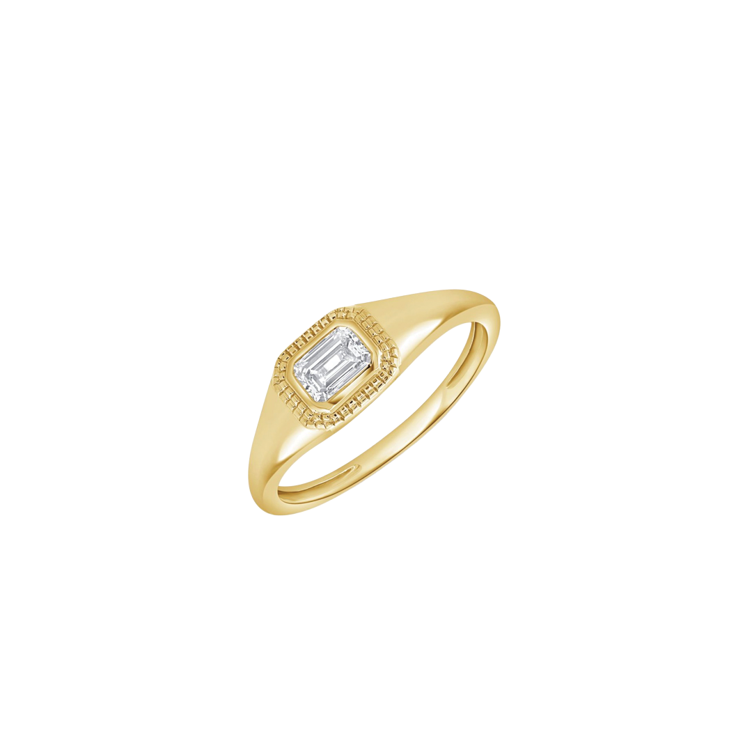 Diamond Bezel Set Signet Ring with Milgrain Detail