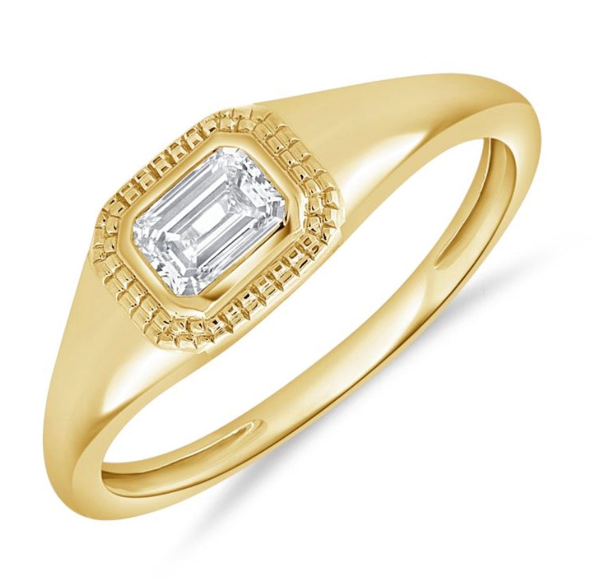 Diamond Bezel Set Signet Ring with Milgrain Detail