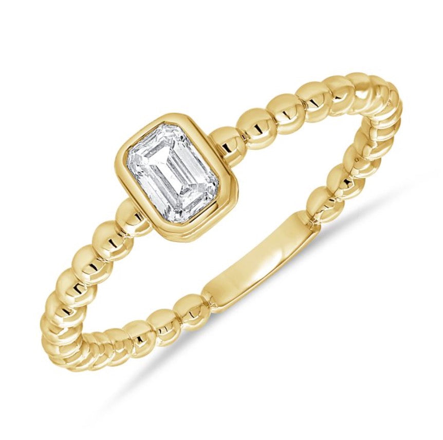Emerald Cut Diamond Ring with Beaded Detail