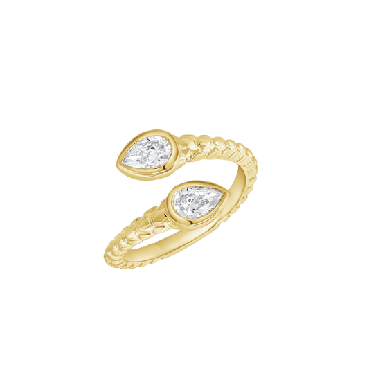 Textured Open Wrap Ring with Bezel Set Pear Diamonds in 14K Yellow Gold